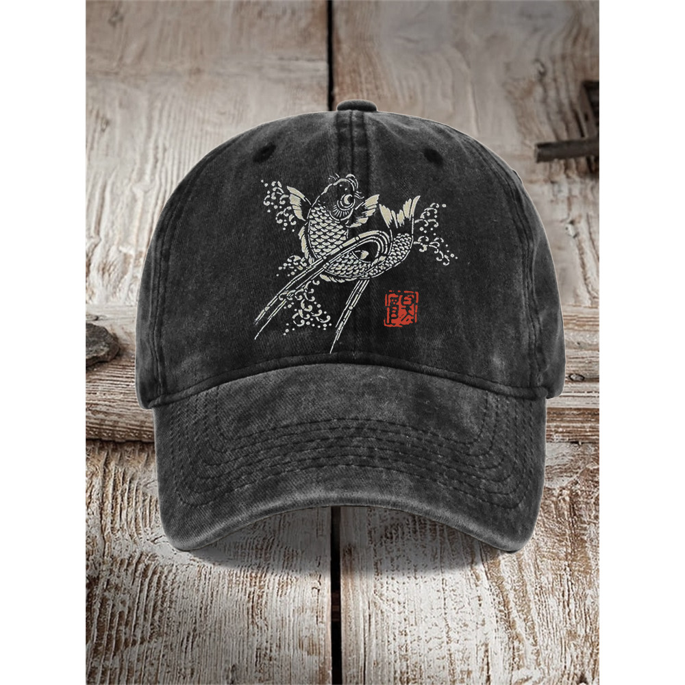 Koi Fish Sea Waves Japanese Lino Art Washed Cap