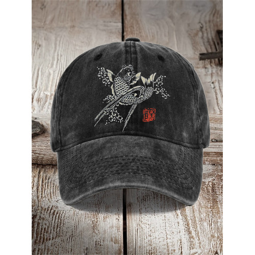Koi Fish Sea Waves Japanese Lino Art Washed Cap