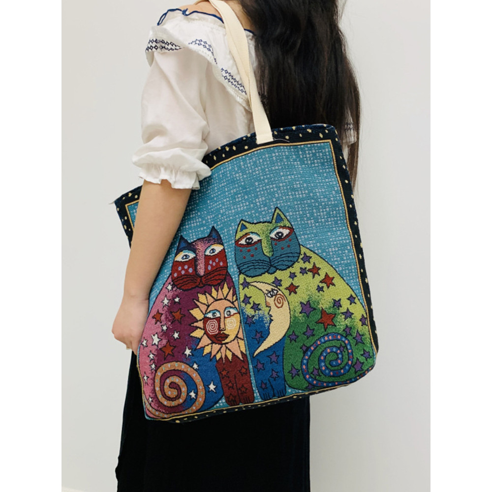 Lovely Cat Art Series Embroidery Shoulder Bag
