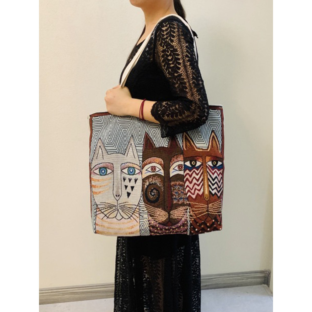 Lovely Cat Art Series Embroidery Shoulder Bag