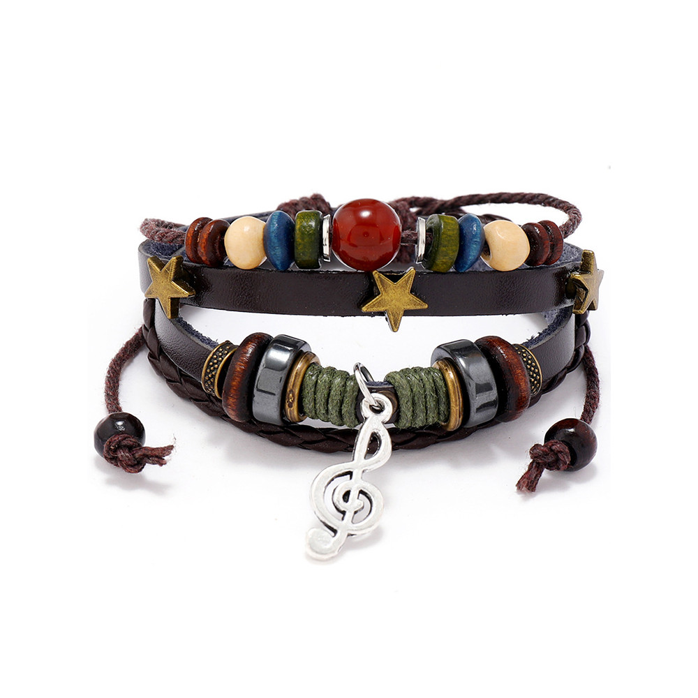Musical Note Charm Leather Woven Bracelet