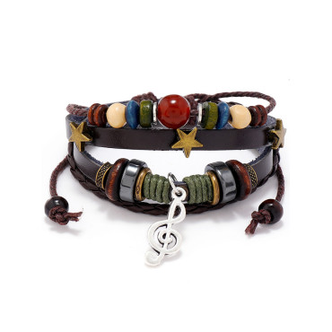 Musical Note Charm Leather Woven Bracelet