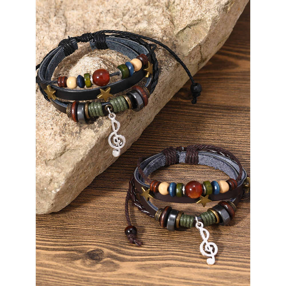 Musical Note Charm Leather Woven Bracelet