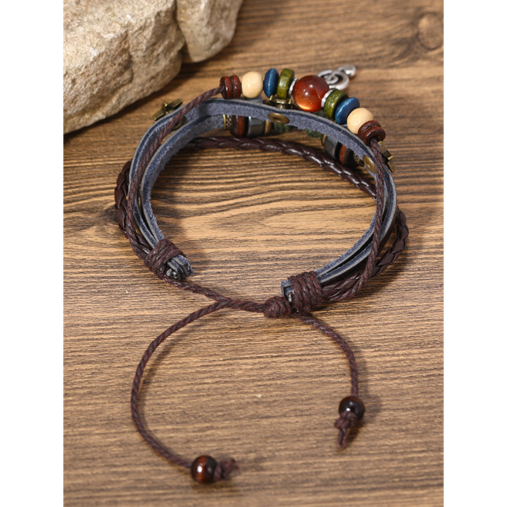 Musical Note Charm Leather Woven Bracelet