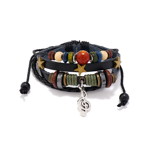 Musical Note Charm Leather Woven Bracelet