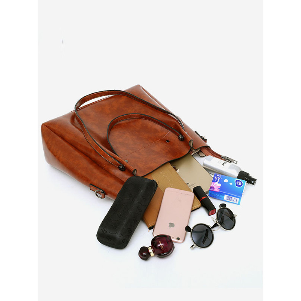 Oil Wax Leather Mother Bag Large Capacity Shoulder Bag Handbag Clutch Card Holder Set Of 4