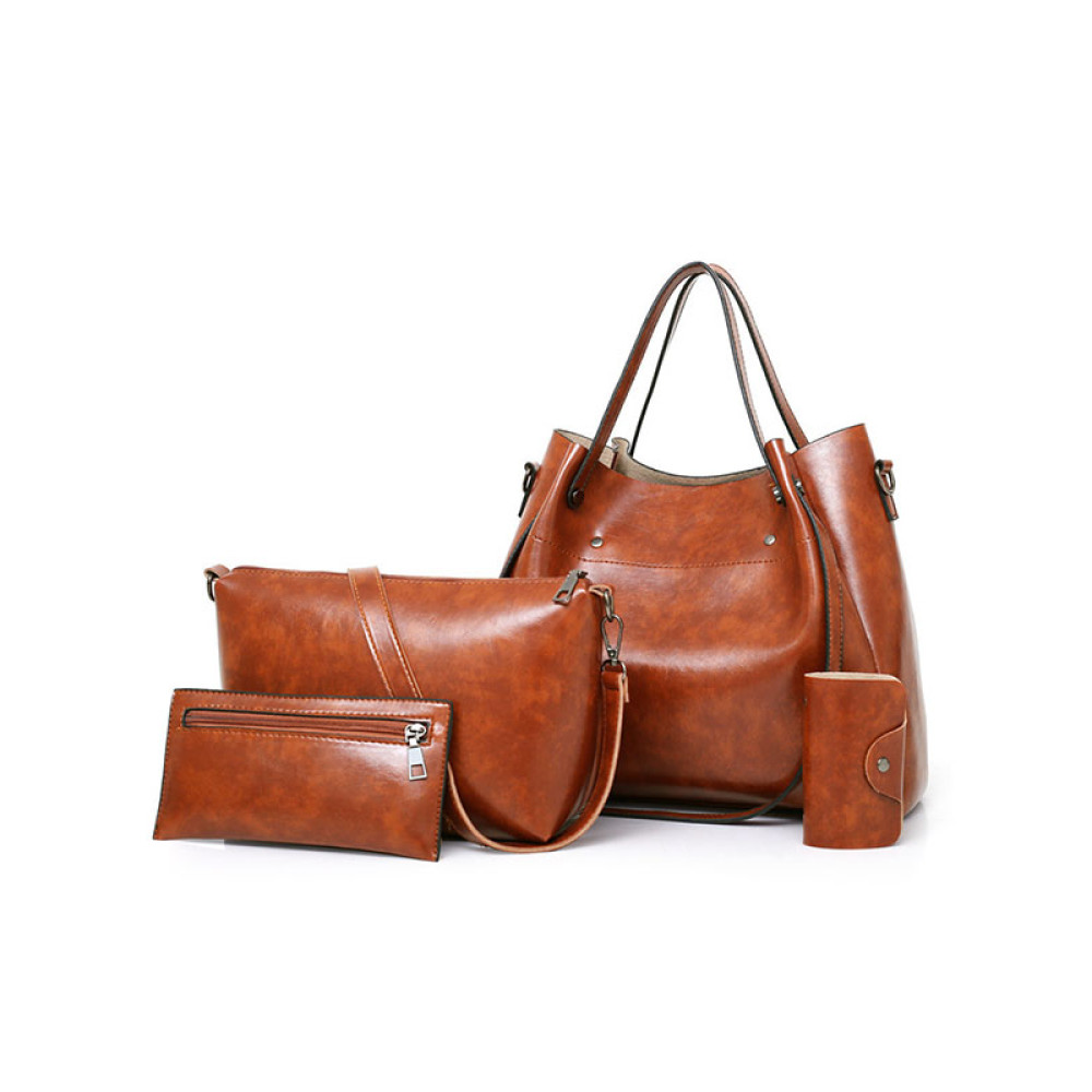 Oil Wax Leather Mother Bag Large Capacity Shoulder Bag Handbag Clutch Card Holder Set Of 4