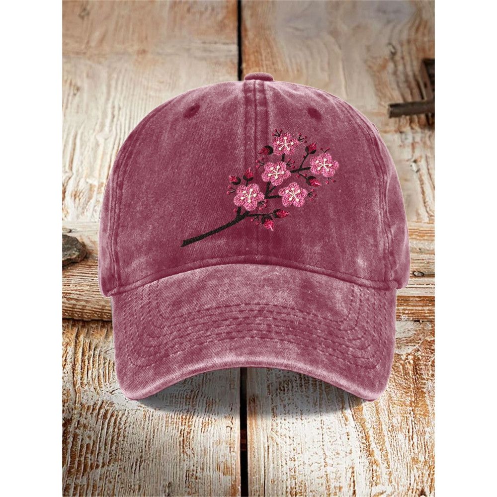 Plum Embroidery Pattern Washed Hat