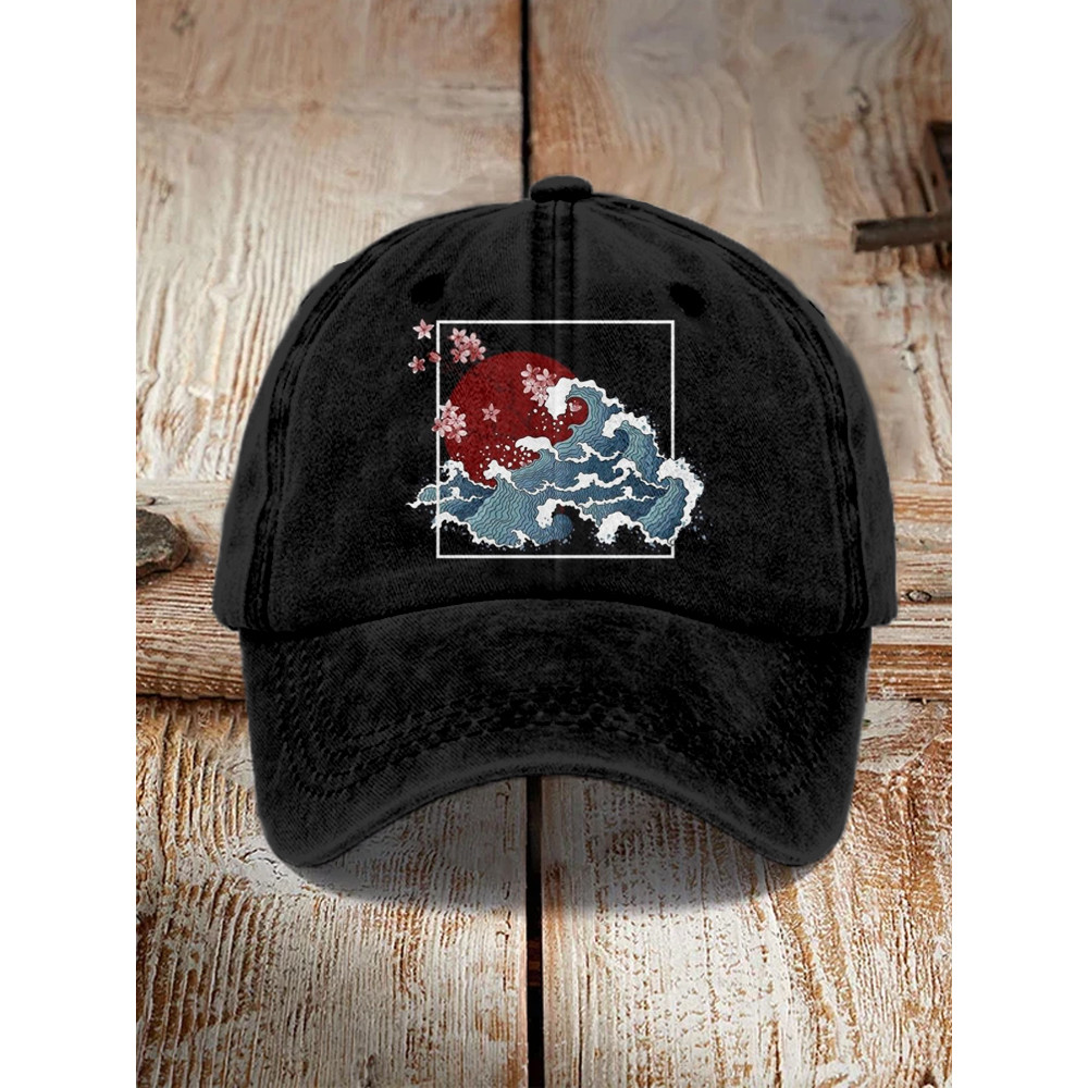 Red Sun over the Sea Japanese Art Washed Cap