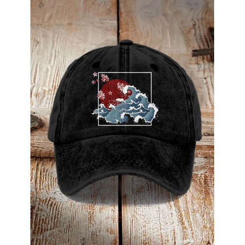 Red Sun over the Sea Japanese Art Washed Cap