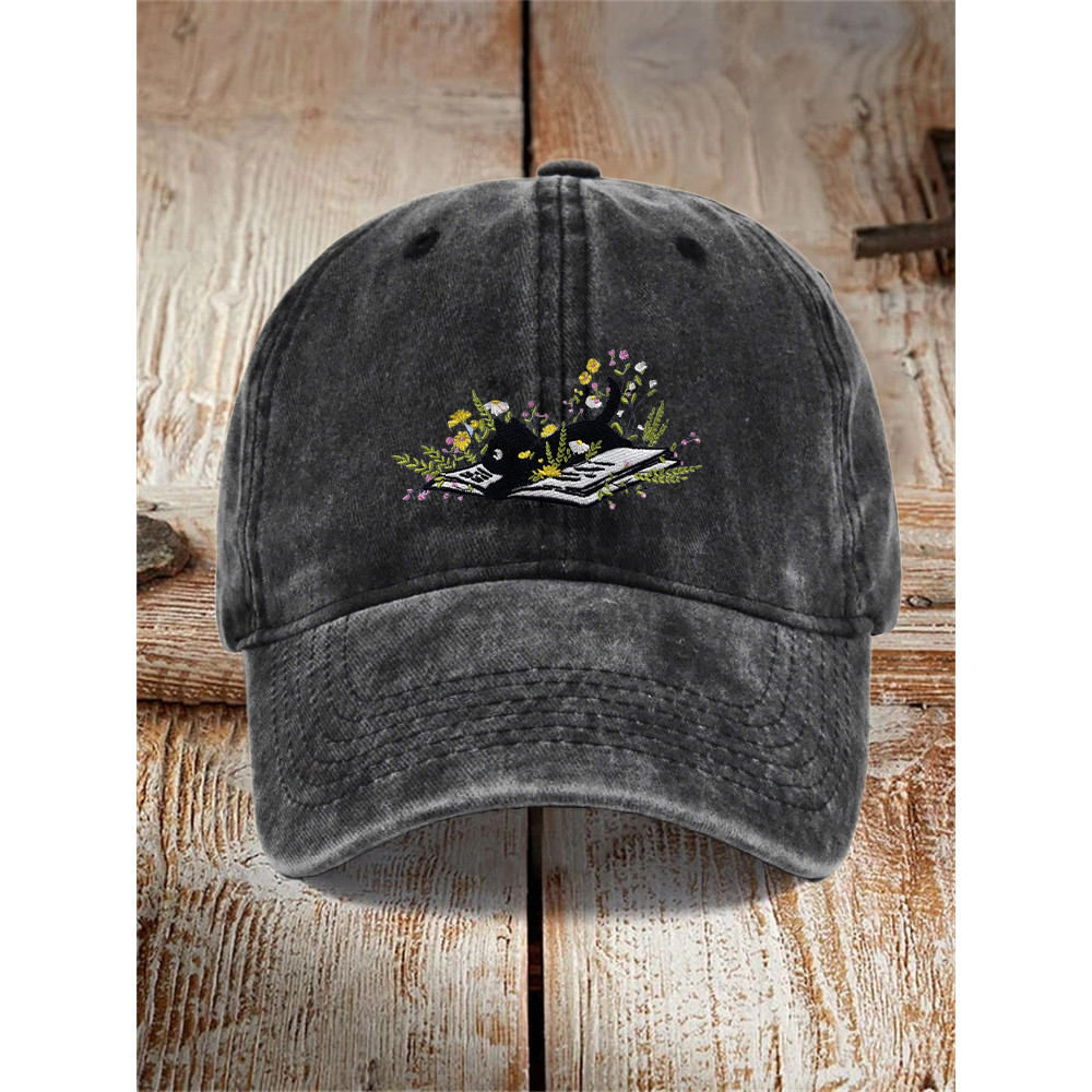 Retro Cat Embroidery Print Washed Hat