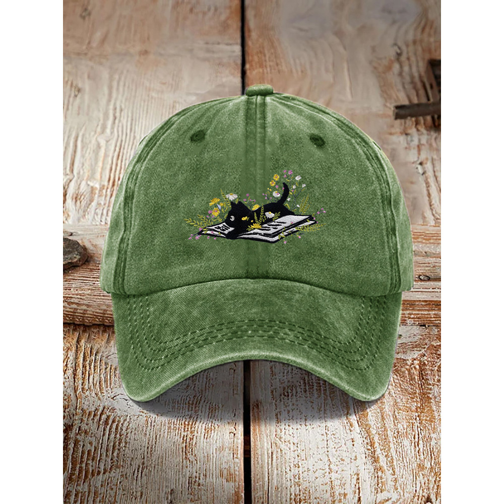 Retro Cat Embroidery Print Washed Hat