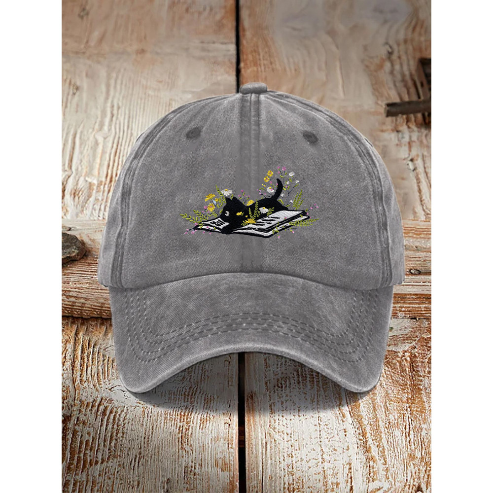 Retro Cat Embroidery Print Washed Hat
