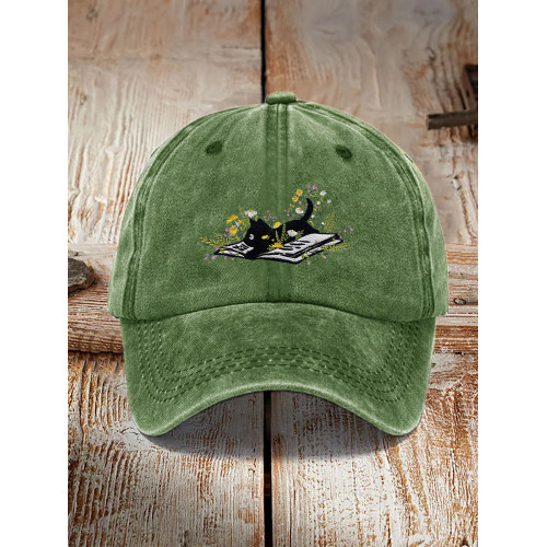 Retro Cat Embroidery Print Washed Hat