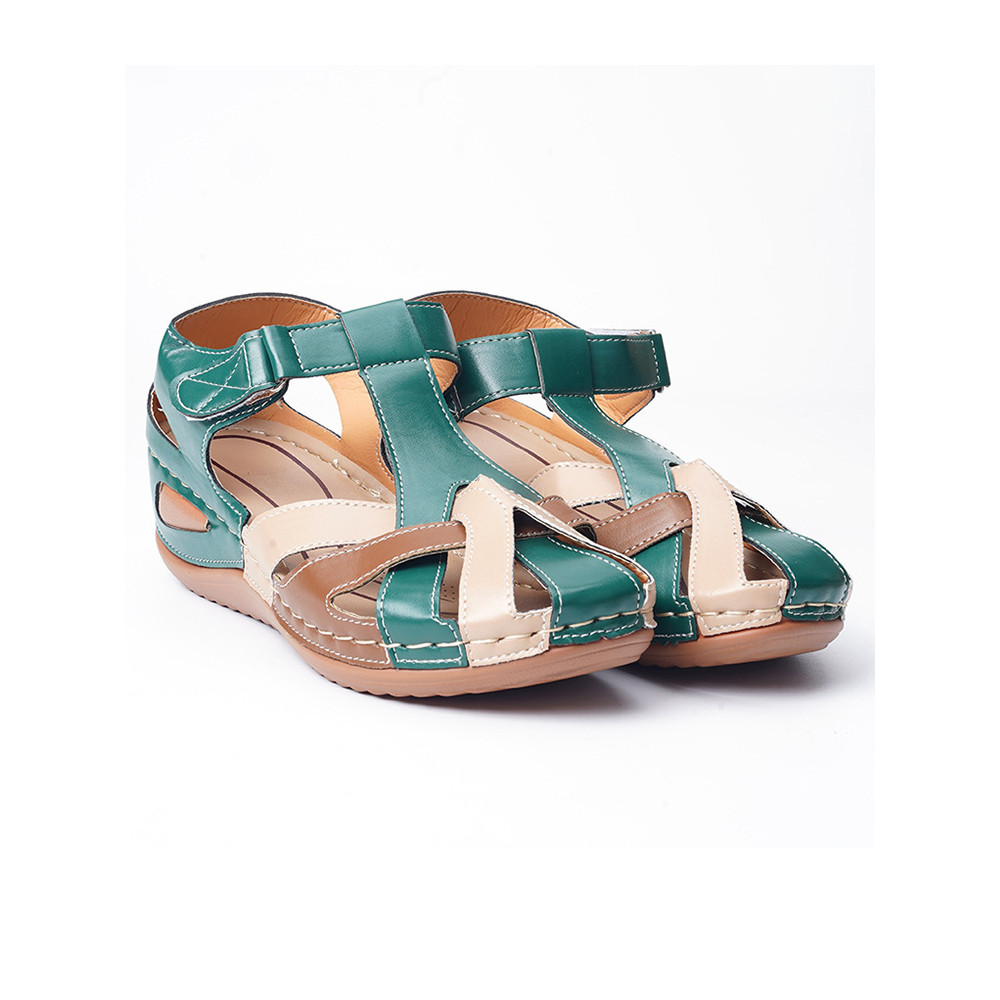 Retro Contrast Round Toe Wedge Cross Buckle Roman Sandals