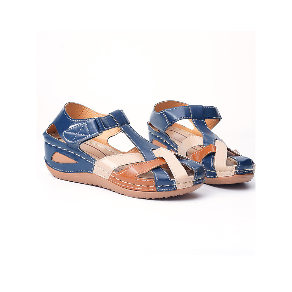 Retro Contrast Round Toe Wedge Cross Buckle Roman Sandals