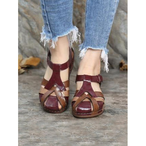 Retro Contrast Round Toe Wedge Cross Buckle Roman Sandals