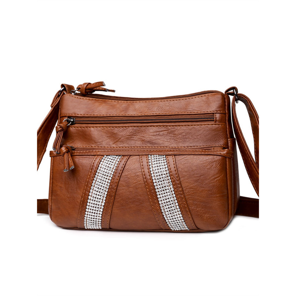 Rhinestone Patch Multi Pocket Washed Leather Bag