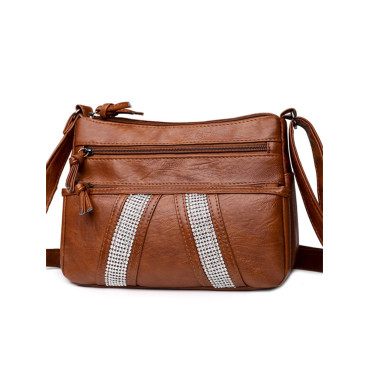 Rhinestone Patch Multi Pocket Washed Leather Bag