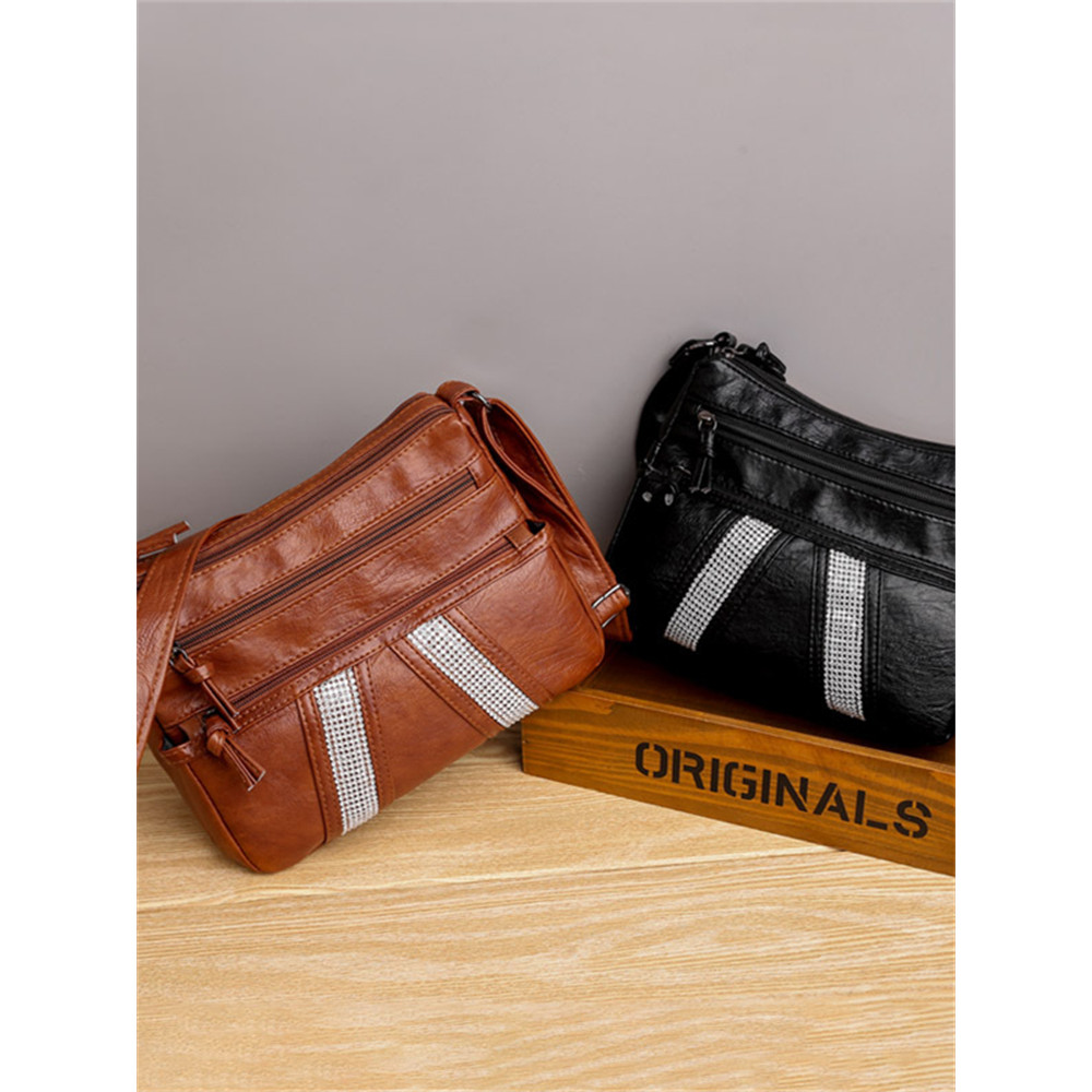 Rhinestone Patch Multi Pocket Washed Leather Bag