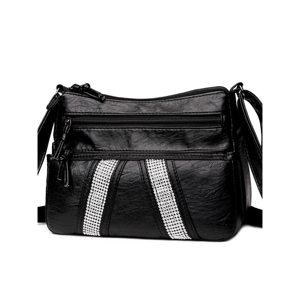 Rhinestone Patch Multi Pocket Washed Leather Bag