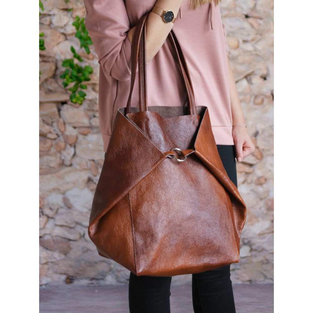Ring Buckle Soft Leather Tote Bag