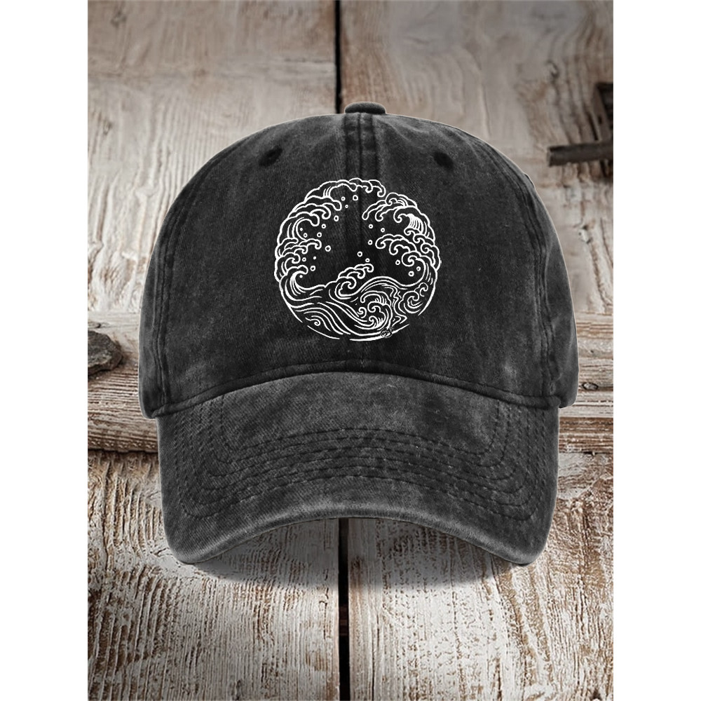 Sea Waves Japanese Lino Art Washed Cap