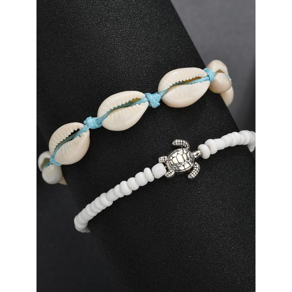 Shell Sea Turtle Beaded Anklet Two Piece Set