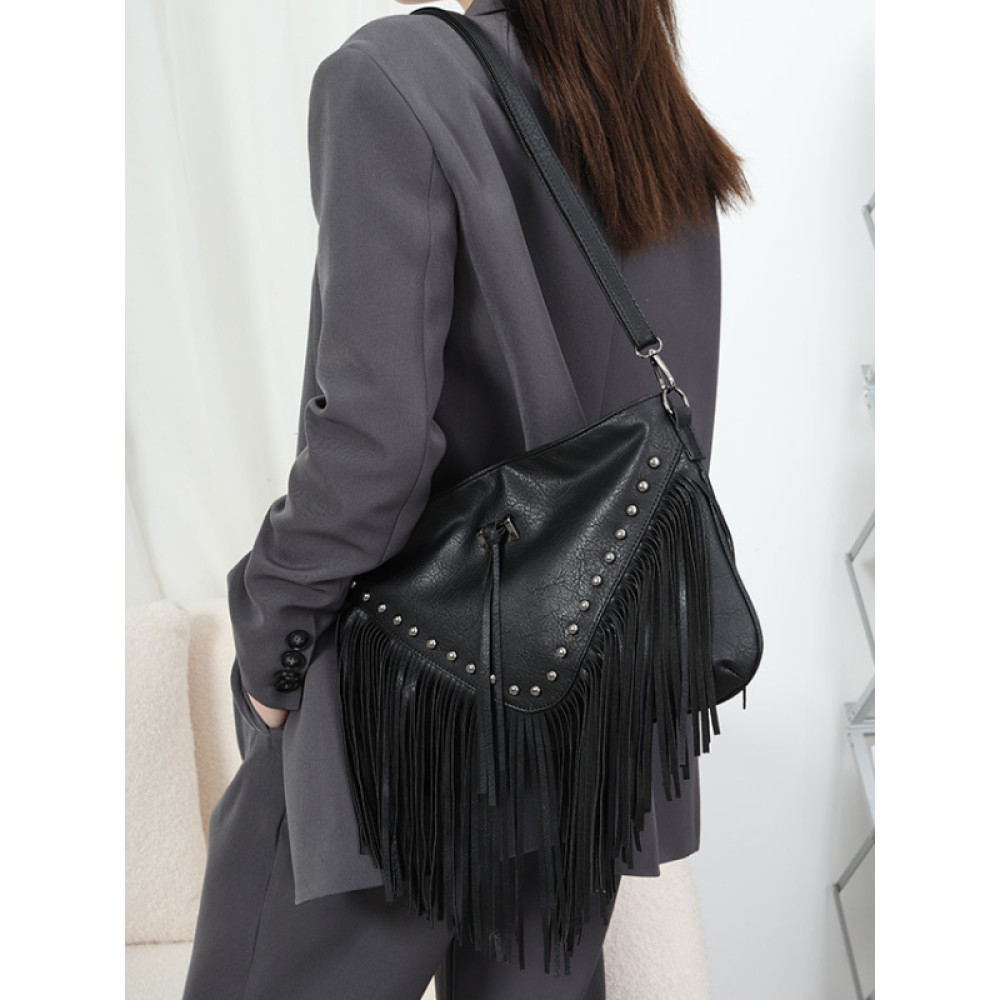 Soft Leather Studded Sringed Shoulder Bag