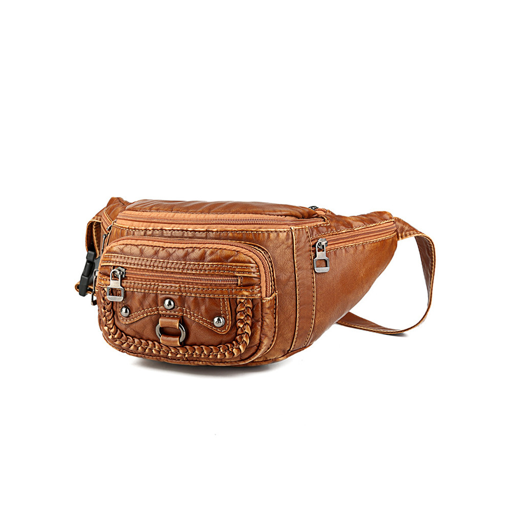 Studded Braid Details Soft Leather Shoulder Waist Bag