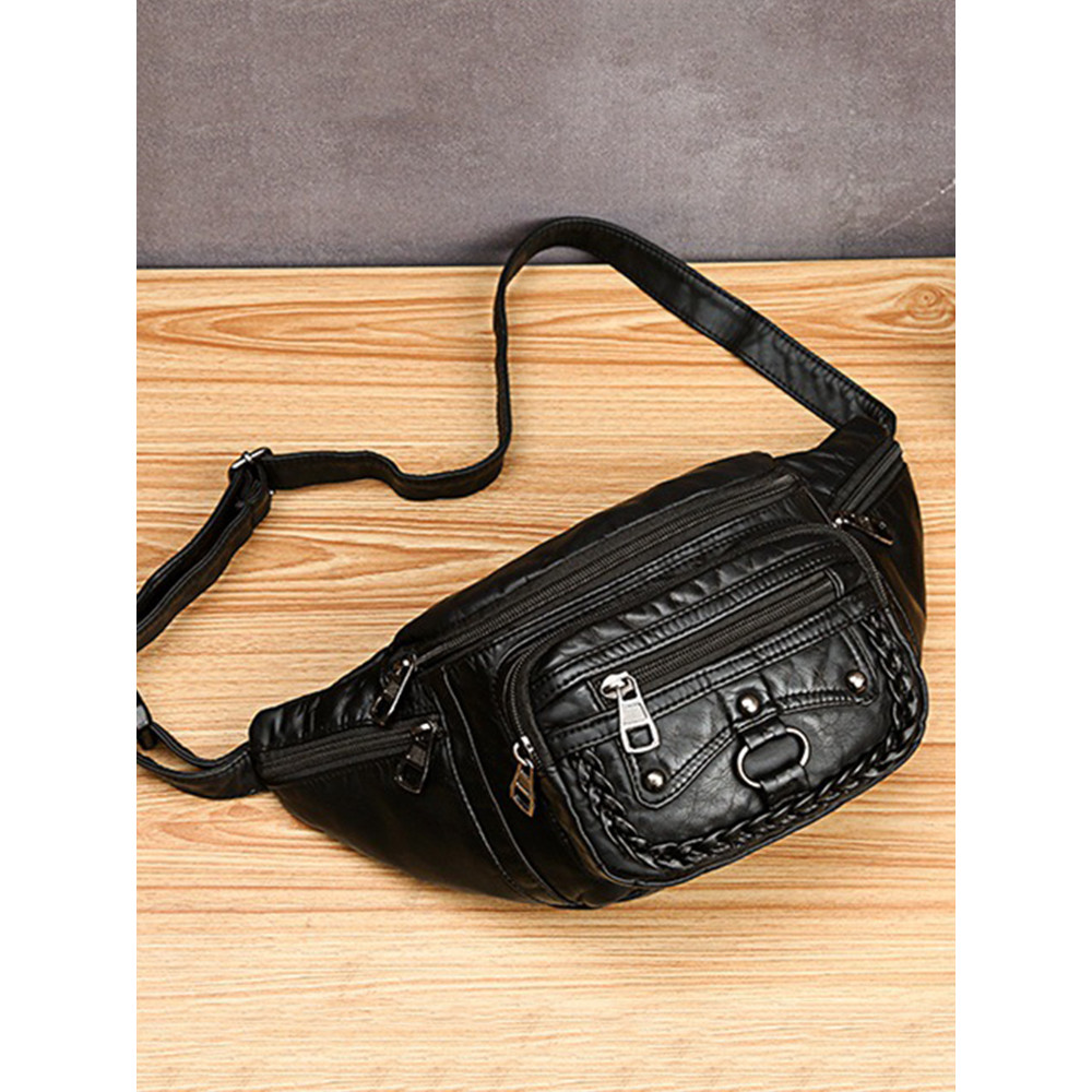 Studded Braid Details Soft Leather Shoulder Waist Bag