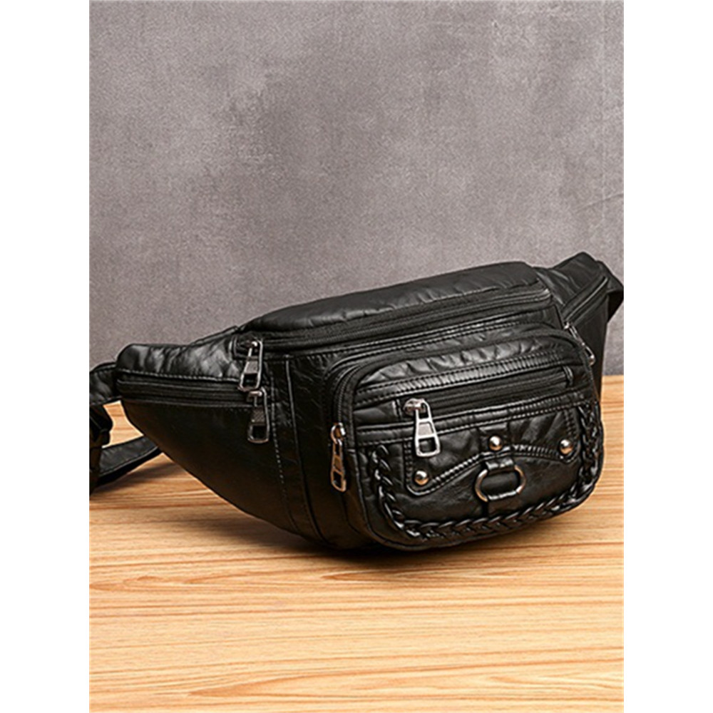 Studded Braid Details Soft Leather Shoulder Waist Bag