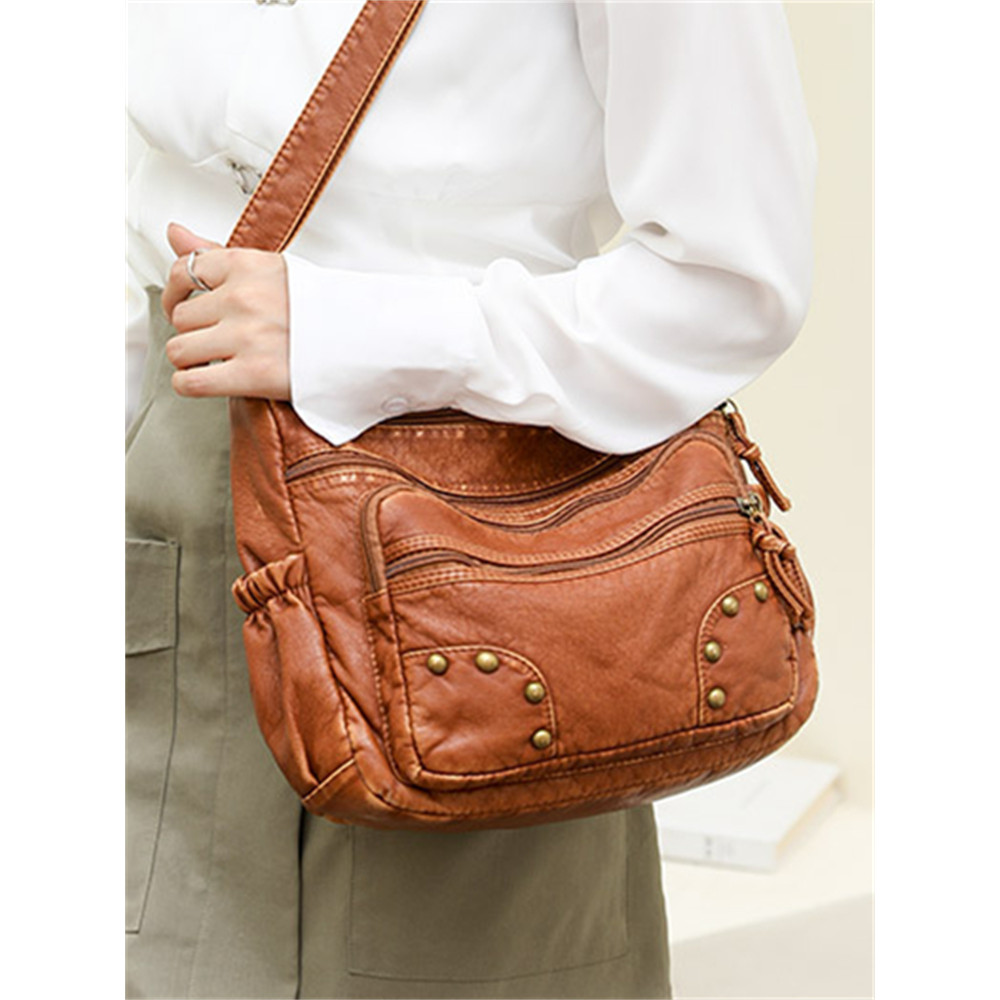 Studded Washed Leather Crossbody Bag