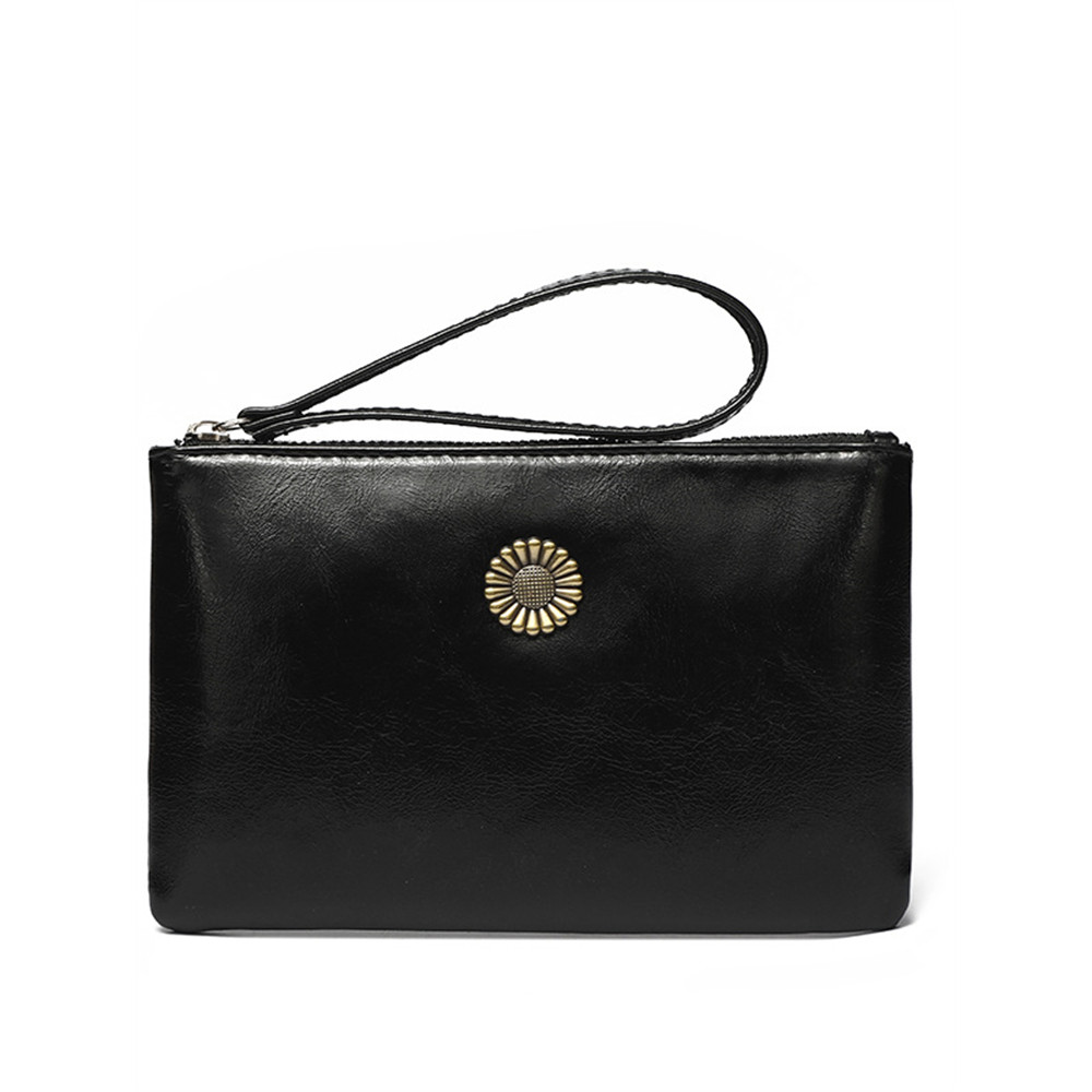 Sunflower Button Oiled Leather Handbag Coin Purse