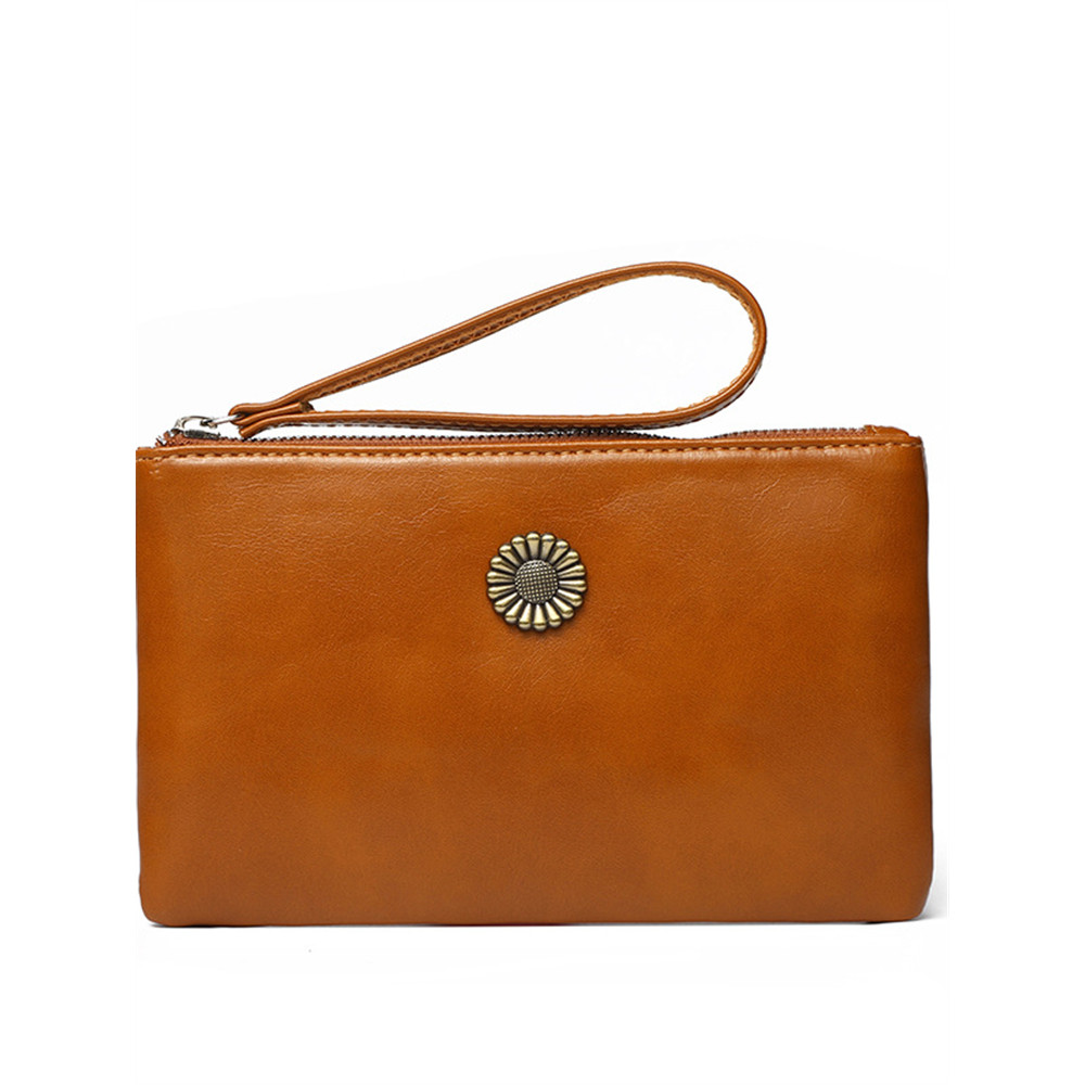 Sunflower Button Oiled Leather Handbag Coin Purse