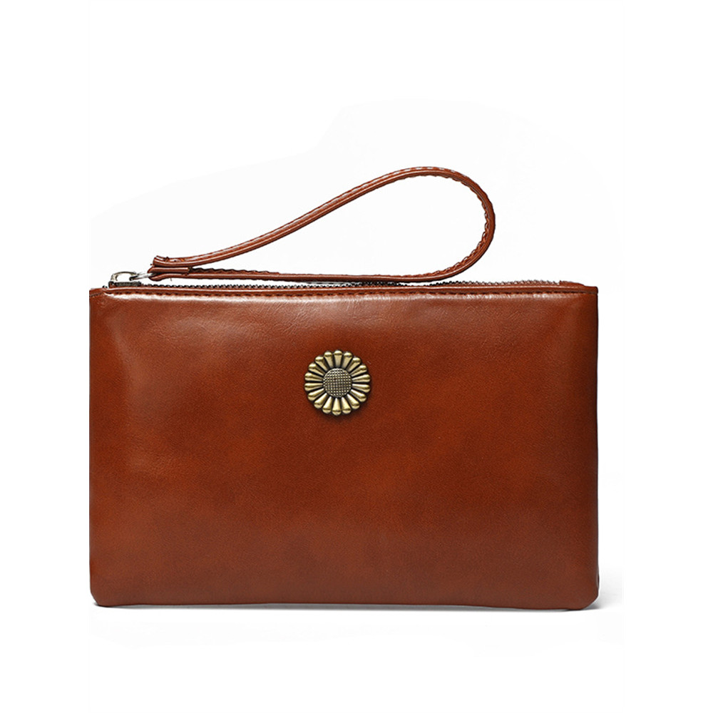 Sunflower Button Oiled Leather Handbag Coin Purse