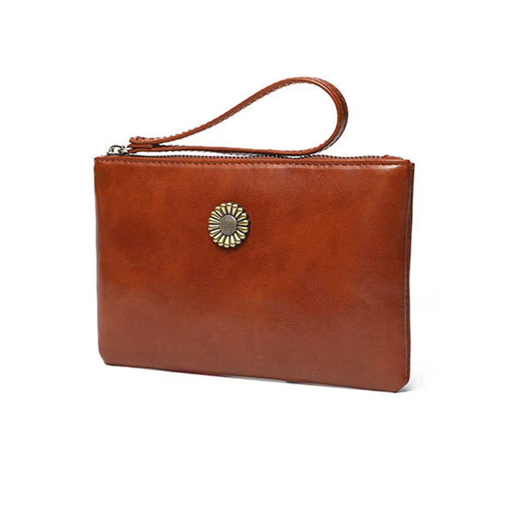 Sunflower Button Oiled Leather Handbag Coin Purse