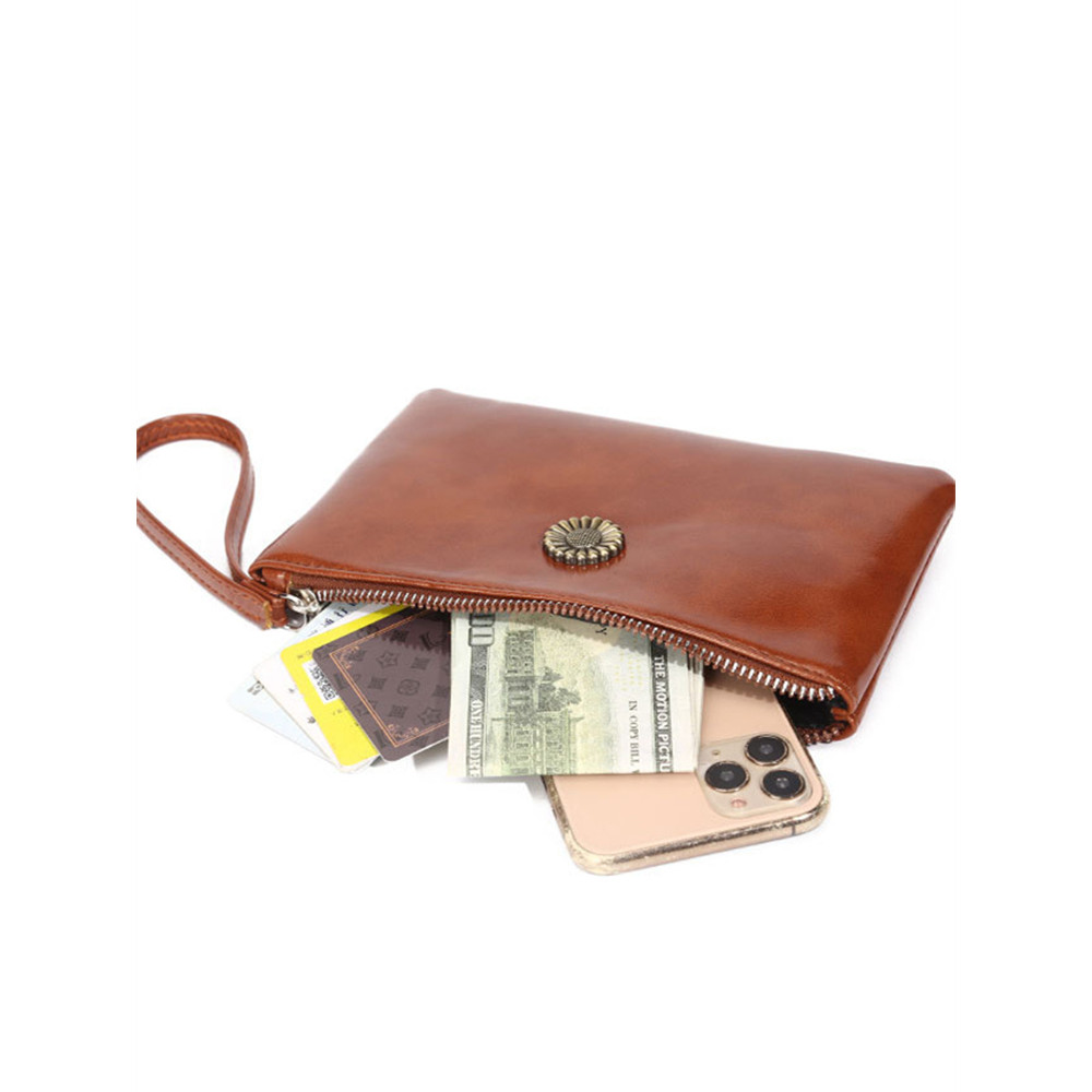 Sunflower Button Oiled Leather Handbag Coin Purse
