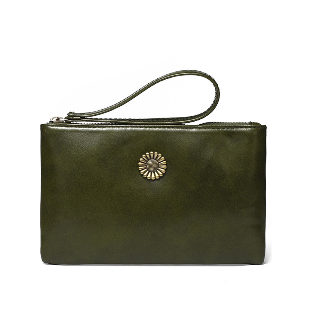 Sunflower Button Oiled Leather Handbag Coin Purse