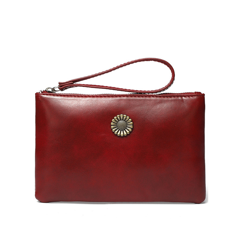 Sunflower Button Oiled Leather Handbag Coin Purse
