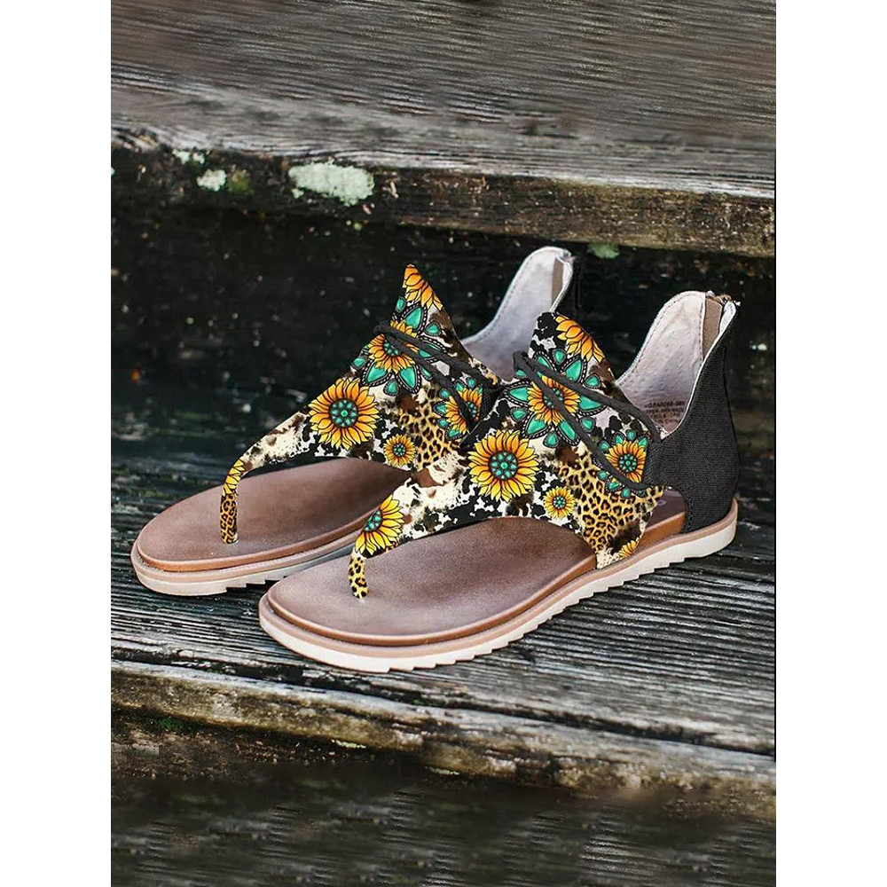Sunflower Print Flat Casual Back Zip Sandals