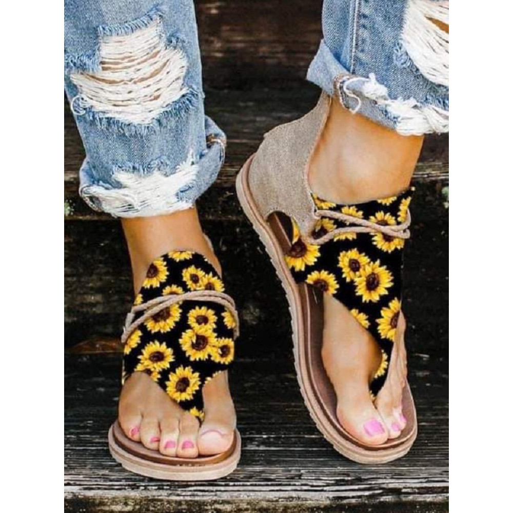 Sunflower Print Flat Casual Back Zip Sandals