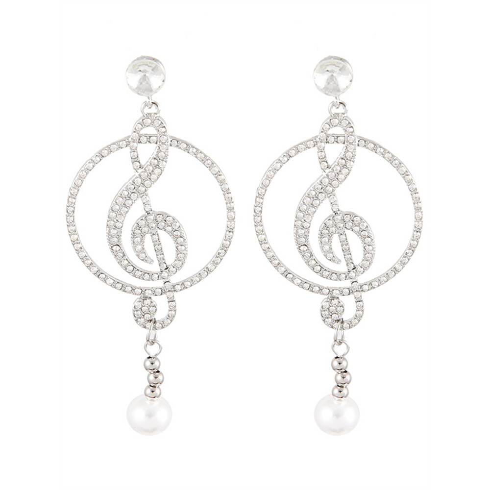 Treble Clef Pearl Pendant Bling Earrings