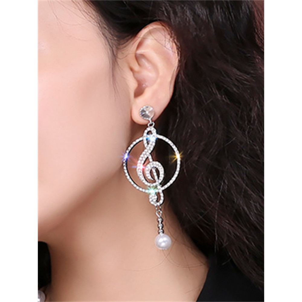 Treble Clef Pearl Pendant Bling Earrings