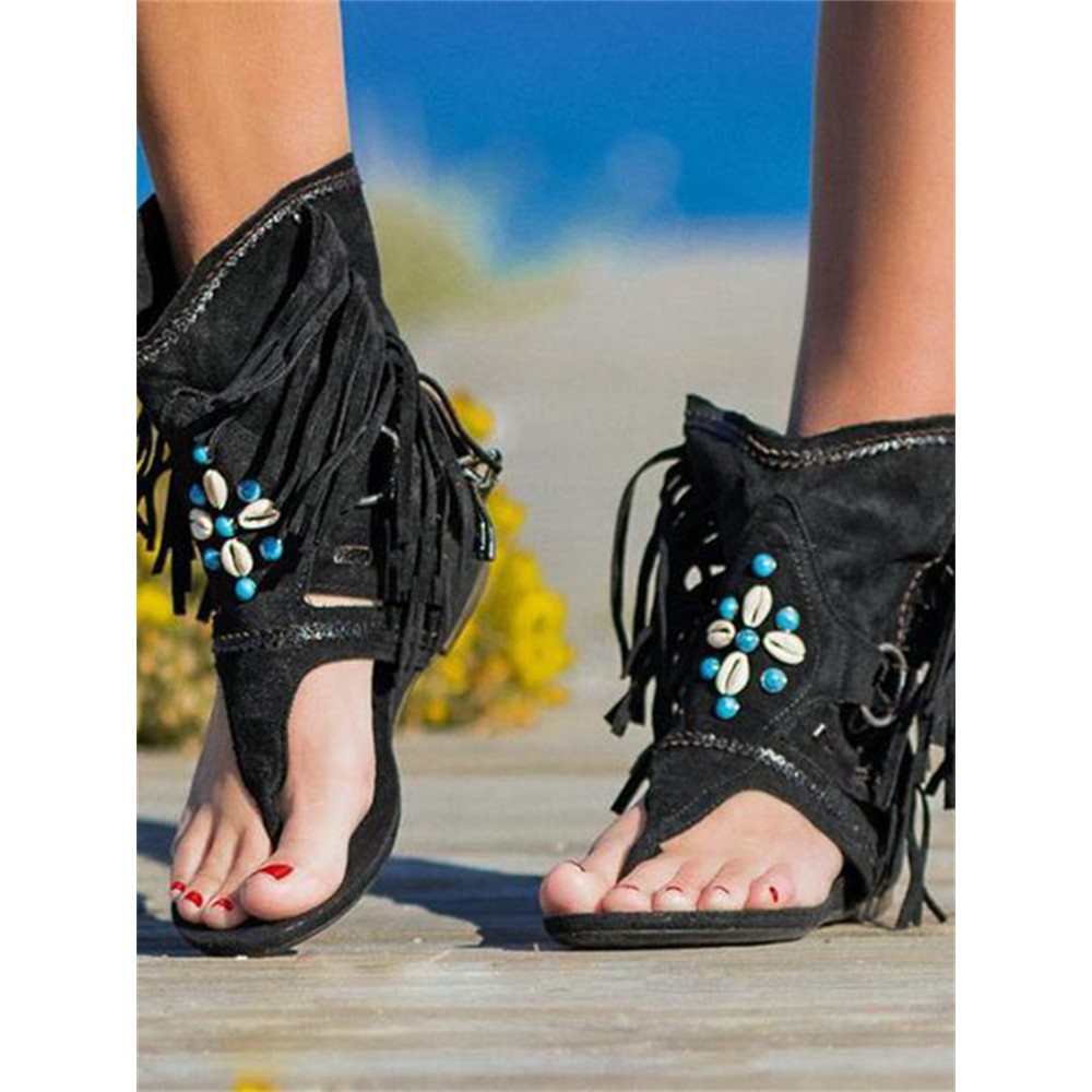 Turquoise & Shell Embellished Tassels Sandals