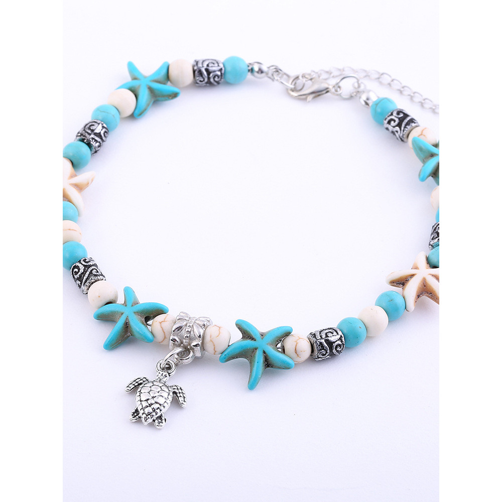Turtle Pendant Starfish Turquoise Beaded Anklet