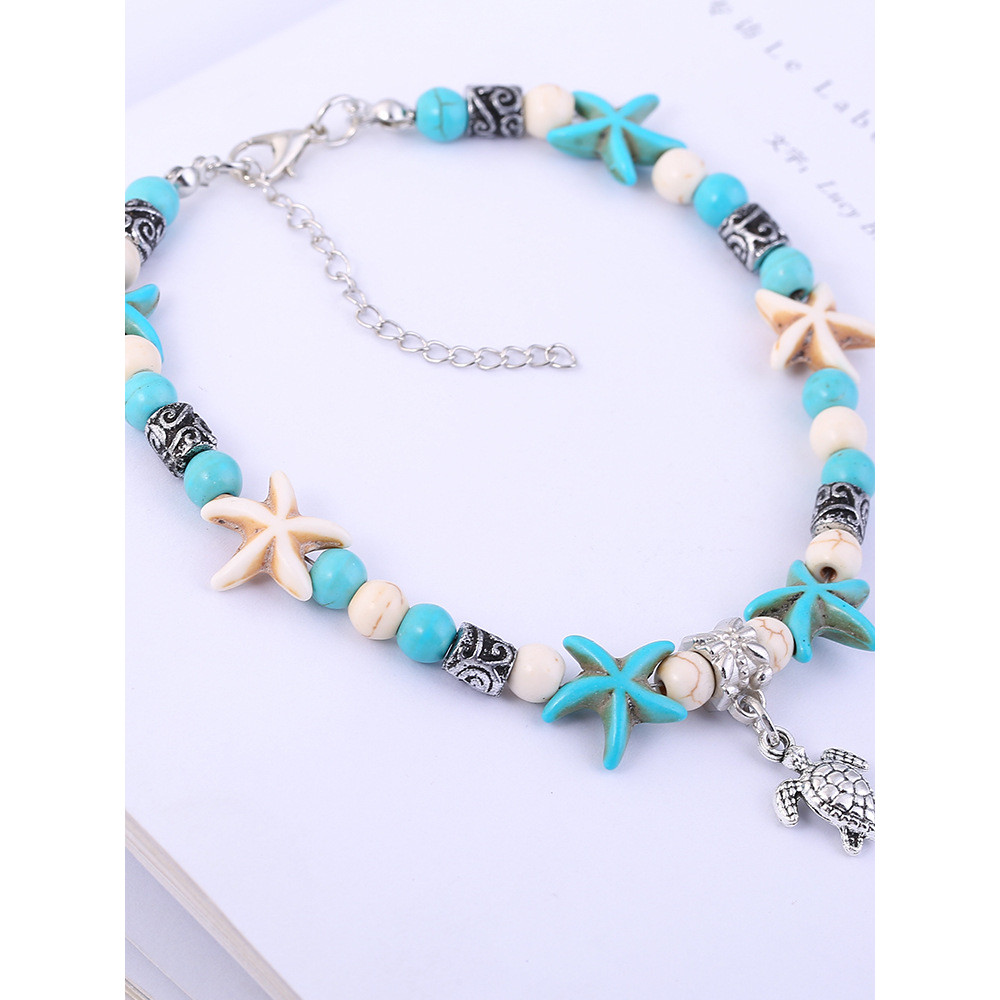Turtle Pendant Starfish Turquoise Beaded Anklet