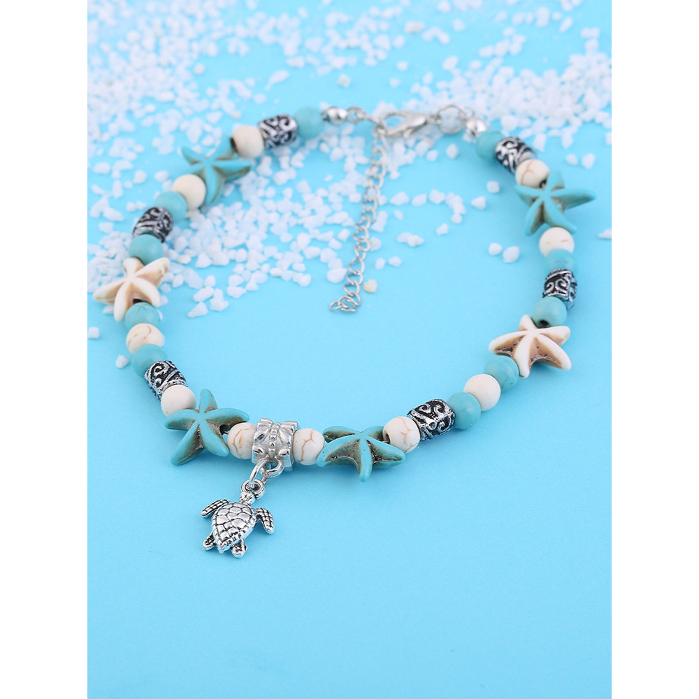 Turtle Pendant Starfish Turquoise Beaded Anklet