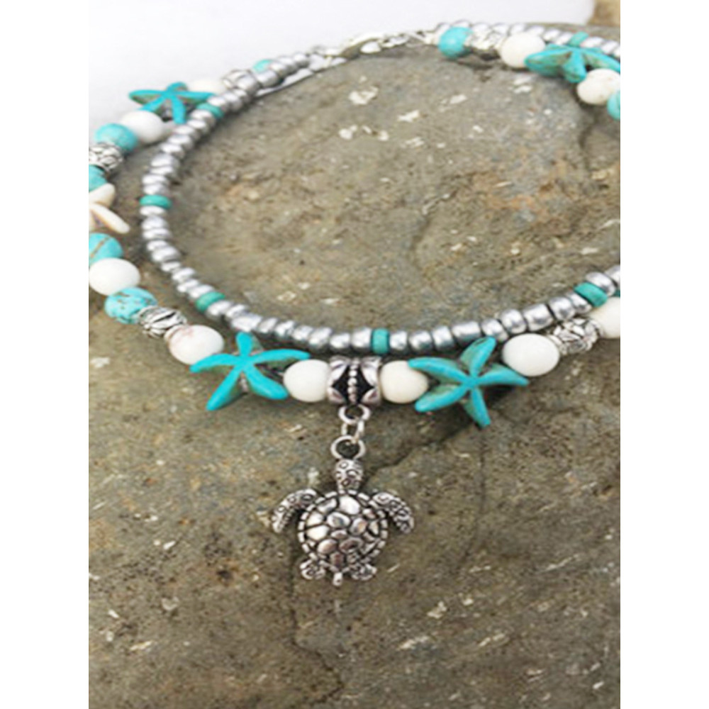 Turtle Pendant Starfish Turquoise Beaded Anklet