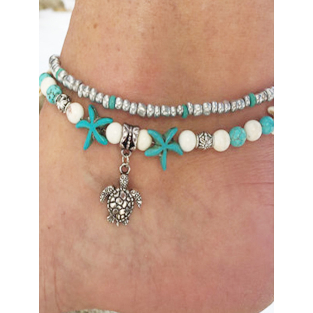 Turtle Pendant Starfish Turquoise Beaded Anklet